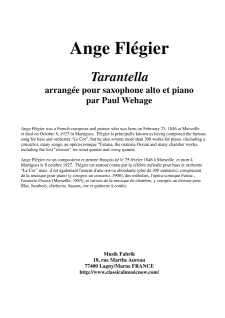 Ange Flgier Tarantella For Alto Saxophone And Piano Sheet Music