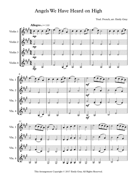 Angels We Have Heard On High 4 Violins Sheet Music