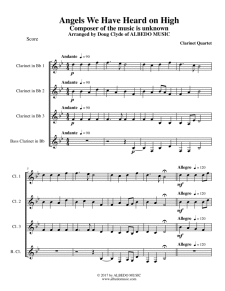 Angels We Have Heard On High For Clarinet Quartet Sheet Music