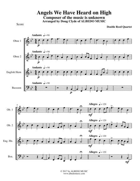 Angels We Have Heard On High For Double Reed Quartet Sheet Music