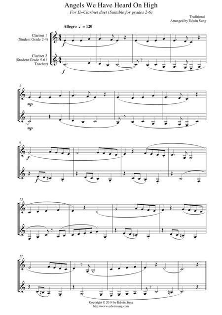 Angels We Have Heard On High For Eb Clarinet Duet Suitable For Grades 2 6 Sheet Music