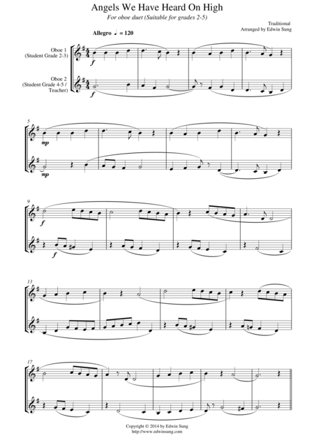 Angels We Have Heard On High For Oboe Duet Suitable For Grades 2 6 Sheet Music