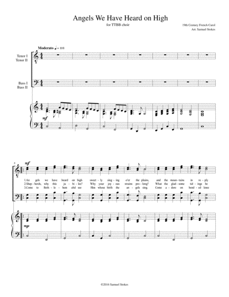 Free Sheet Music Angels We Have Heard On High For Ttbb Choir With Piano Accompaniment