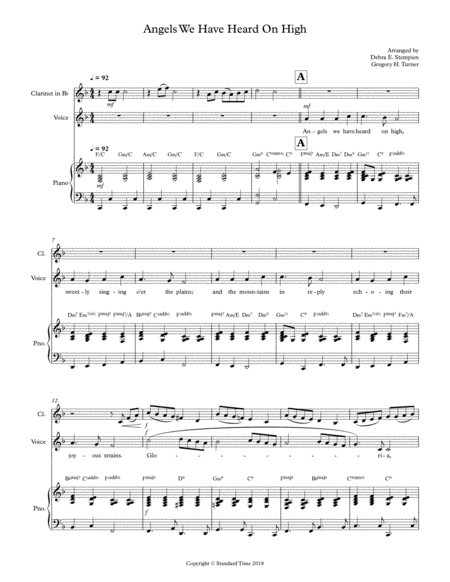 Angels We Have Heard On High For Vocal Solo With Clarinet And Piano Accompaniment Sheet Music