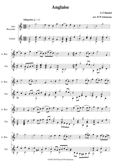 Anglaise For Recorder And Guitar Sheet Music