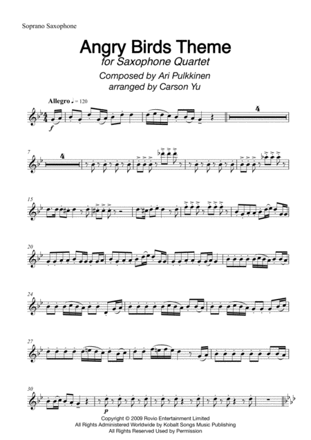 Angry Birds Theme For Saxophone Quartet Satb Sheet Music