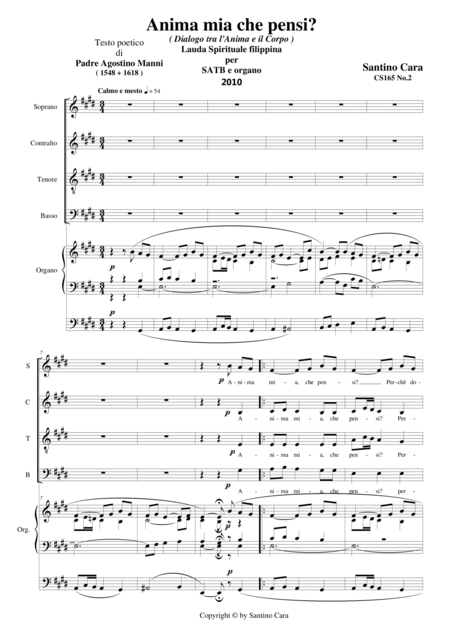 Anima Mia Che Pensi Lauda Spiritual For Choir Satb And Organ Sheet Music