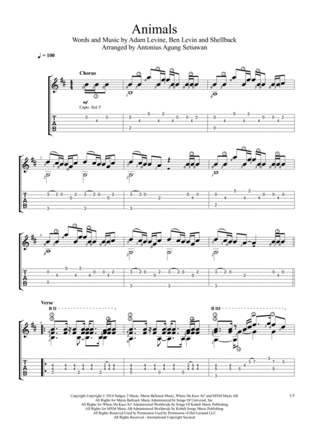 Animals Solo Guitar Tablature Sheet Music