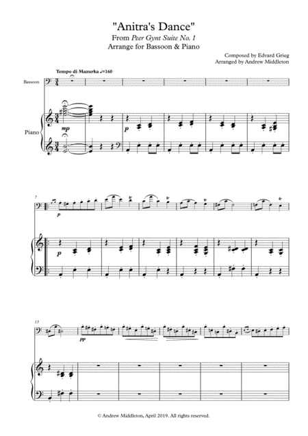 Anitras Dance From Peer Gynt Suite Arranged For Bassoon And Piano Sheet Music