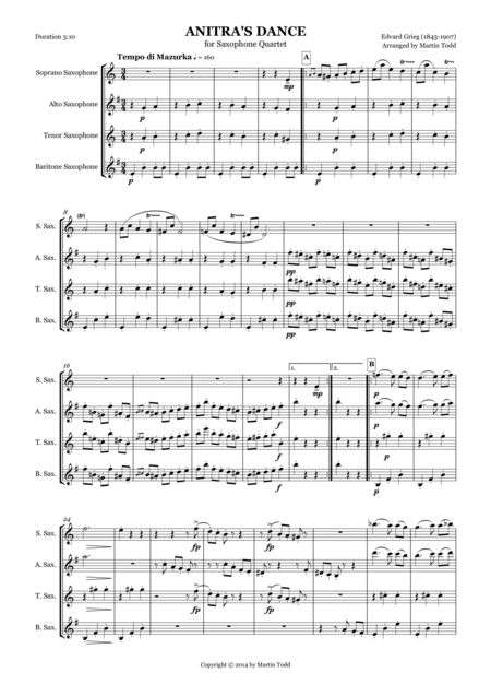 Anitras Dance From Peer Gynt Suite No 1 For Saxophone Quartet Sheet Music