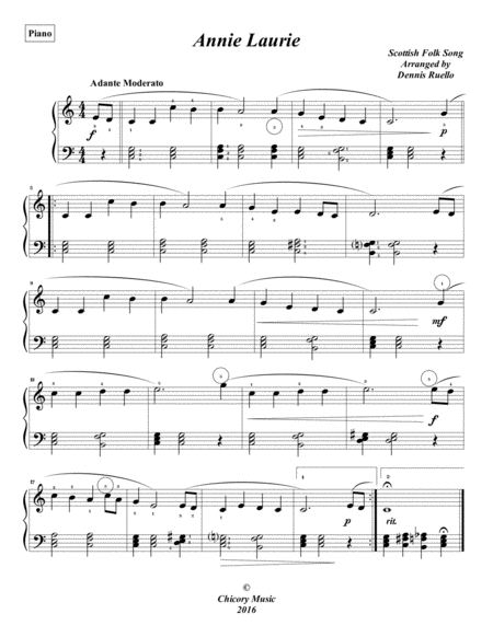 Free Sheet Music Annie Laurie Piano Solo Early Intermediate Scottish Folk Song