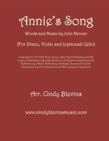 Free Sheet Music Annies Song Arranged For Piano Violin And Optional Cello