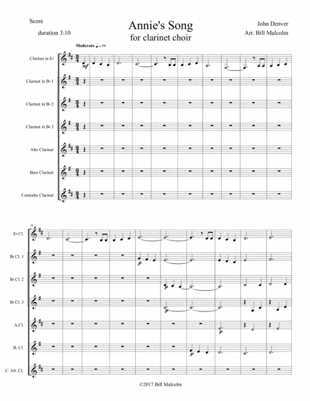 Free Sheet Music Annies Song For Clarinet Choir