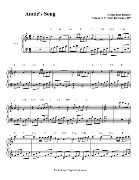 Annies Song For Easy Harp In C Sheet Music