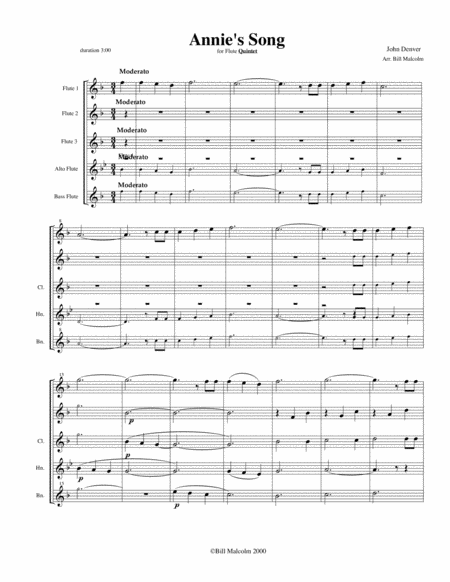 Free Sheet Music Annies Song For Flute Quintet