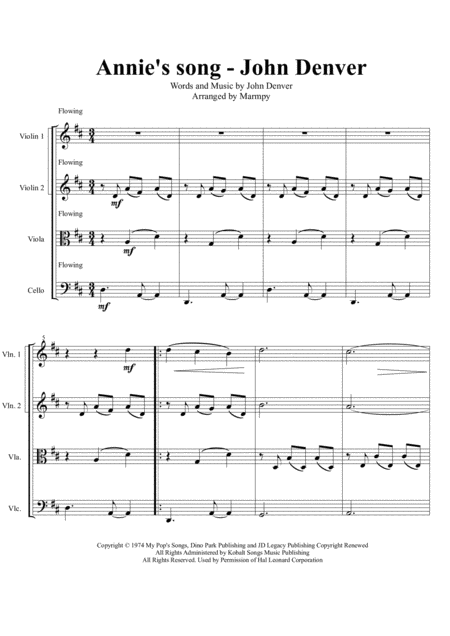 Free Sheet Music Annies Song John Denver Arranged For String Quartet