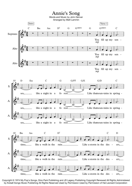 Free Sheet Music Annies Song Ssa