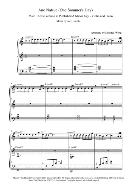 Ano Natsue One Summers Day Violin And Piano In Published A Minor With Chords Sheet Music