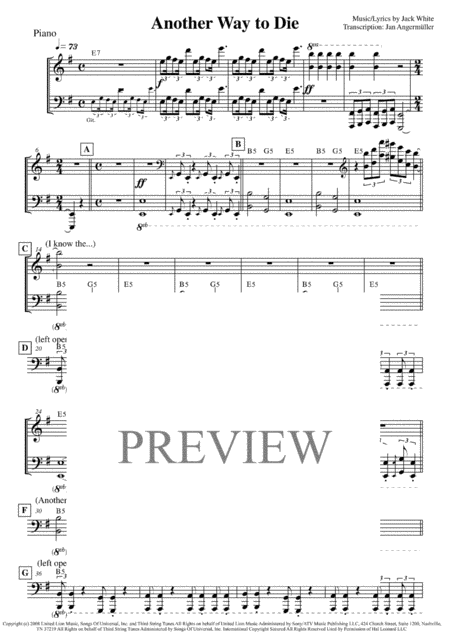 Another Way To Die Piano Transcription Of Original Recording For James Bond Sheet Music