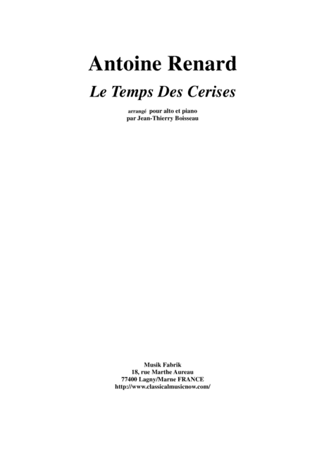 Antoine Renard Le Temps Des Cerises Arranged For Viola And Piano Sheet Music