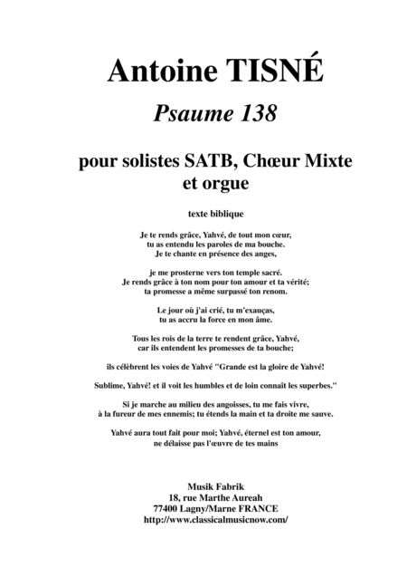 Antoine Tisn Psaume 138 For Satb Soloists Satb Mixed Chorus And Organ Sheet Music