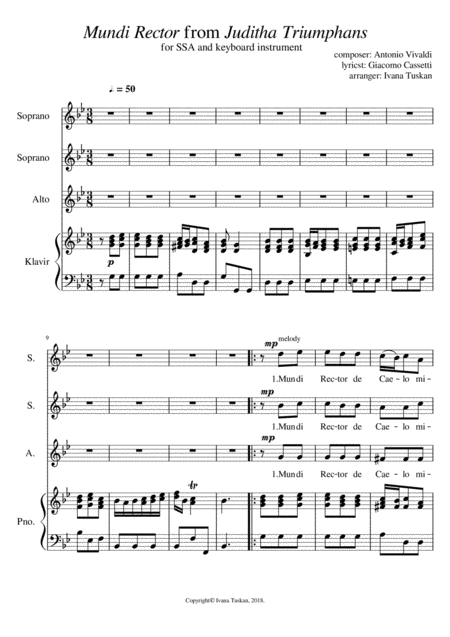 Antonio Vivaldi Mundi Rector For Ssa And Piano G Minor Sheet Music