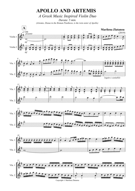 Free Sheet Music Apollo Artemis Duett For 2 Violins