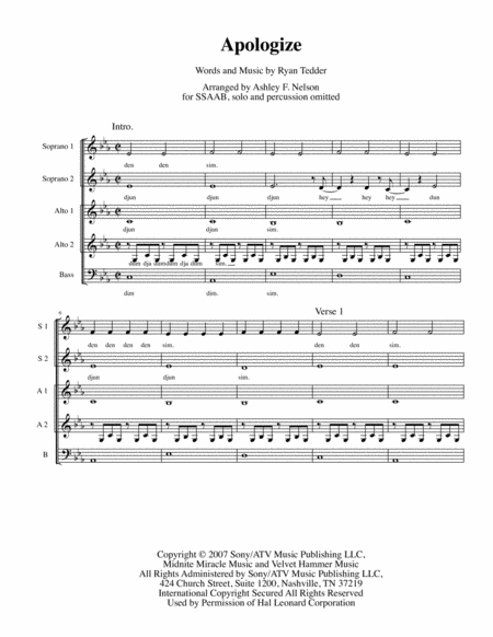 Free Sheet Music Apologize A Cappella