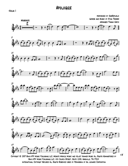 Free Sheet Music Apologize String Quartet