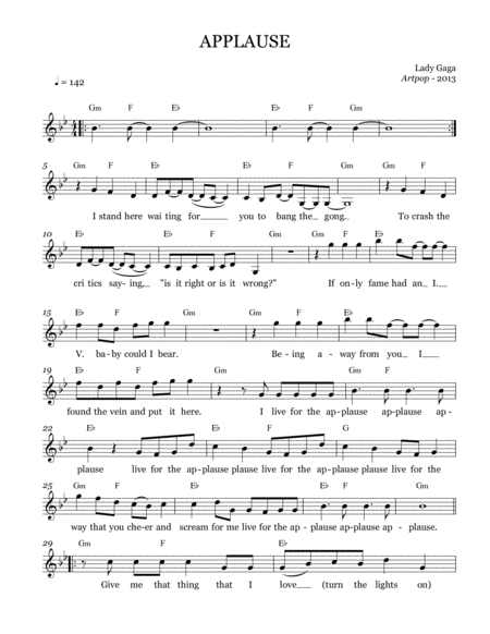 Applause Leadsheet Melody Notated Sheet Music