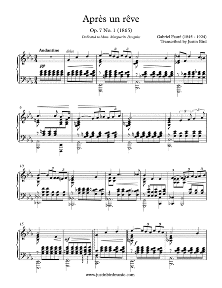 Apres Un Reve Faure Transcribed For Solo Piano Sheet Music