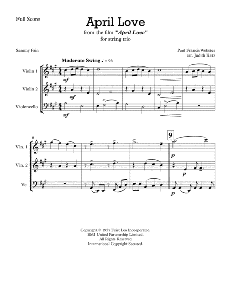 Free Sheet Music April Love For String Trio