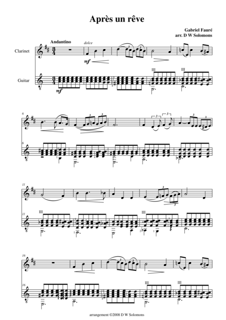 Free Sheet Music Aprs Un Rve After A Dream For Clarinet Lower Version And Guitar