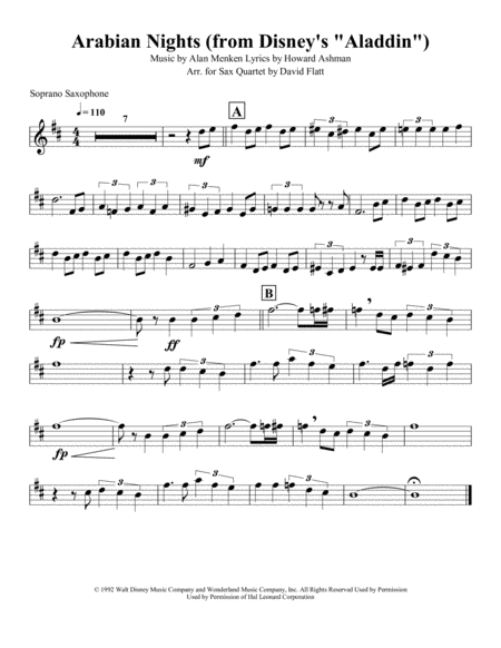 Free Sheet Music Arabian Nights From Aladdin For Satb Sax Quartet