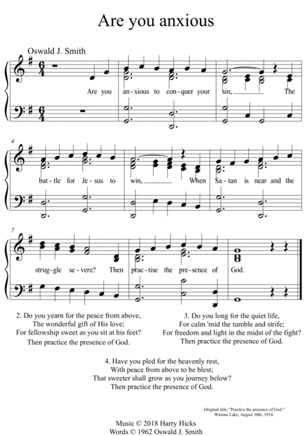 Are You Anxious A New Tune To That Wonderful Hymn My Oswald Smith Sheet Music