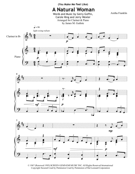 Aretha Franklin You Make Me Feel Like A Natural Woman For Clarinet Piano Sheet Music