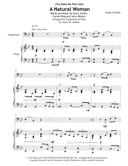 Free Sheet Music Aretha Franklin You Make Me Feel Like A Natural Woman For Euphonium Piano