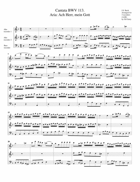 Aria Ach Herr Mein Gott From Cantata Bwv 113 Arrangement For 3 Recorders Sheet Music