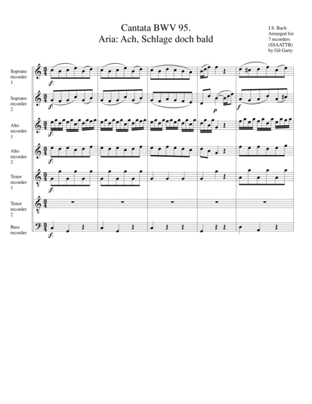 Aria Ach Schlage Doch Bald From Cantata Bwv 95 Arrangement For 7 Recorders Sheet Music