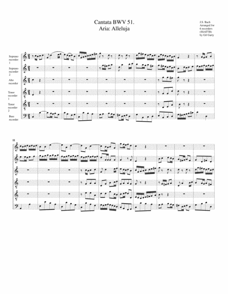 Aria Alleluja From Cantata Bwv 51 Arrangement For 6 Recorders Sheet Music