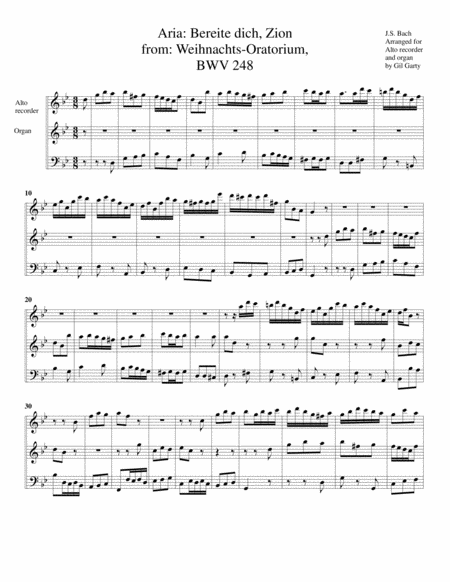 Free Sheet Music Aria Bereite Dich Zion From Weihnachts Oratorium Bwv 248 Arrangement For Recorder And Organ Or Harpsichord