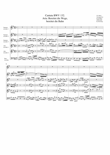 Aria Bereitet Die Wege Bereitet Die Bahn From Cantata Bwv 132 Arrangement For 6 Recorders Sheet Music