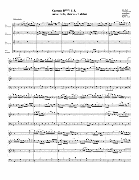 Aria Bete Aber Auch Dabei From Cantata Bwv 115 Arrangement For 4 Recorders Sheet Music