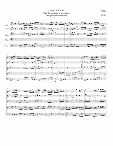 Free Sheet Music Aria Bewundert O Menschen Dies Grosse Geheimnis From Cantata Bwv 62 Arrangement For 5 Recorders