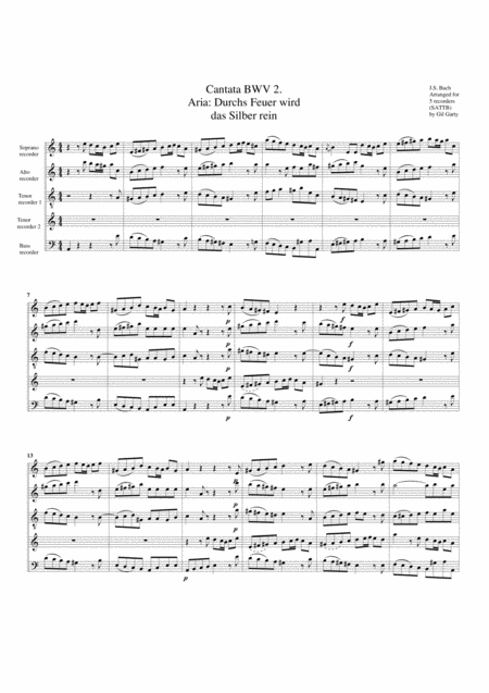 Aria Durchs Feuer Wird Das Silber Rein From Cantata Bwv 2 Arrangement For 5 Recorders Sheet Music