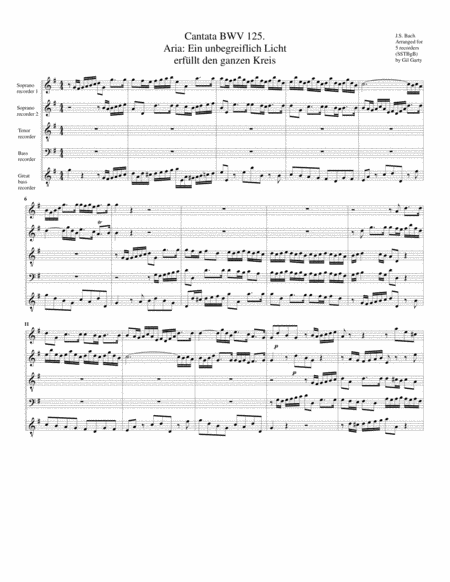 Aria Ein Unbegreiflich Licht Erfuellt Den Ganzen Kreis From Cantata Bwv 125 Version In G Major Arrangement For 5 Recorders Sheet Music