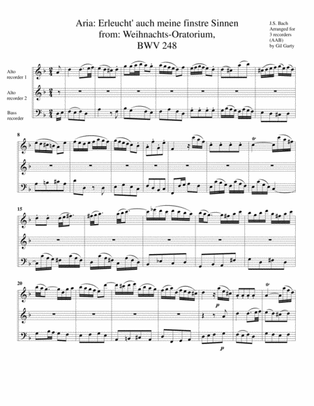 Aria Erleucht Auch Meine Finstre Sinnen From Weihnachts Oratorium Bwv 248 Arrangement For 3 Recorders Sheet Music