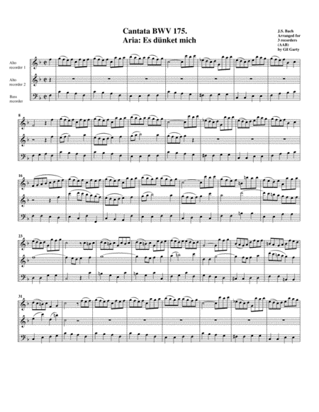 Aria Es Duenket Mich From Cantata Bwv 175 Arrangement For 3 Recorders Sheet Music