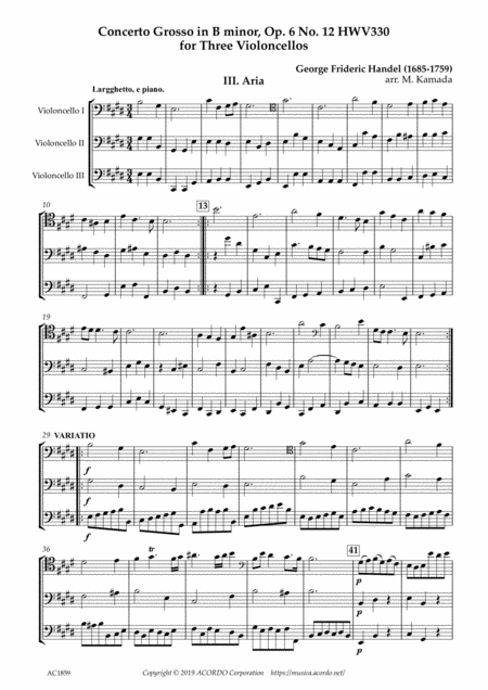 Free Sheet Music Aria From Concerto Grosso Op 6 12 Hwv330 For Three Violoncellos