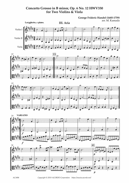 Free Sheet Music Aria From Concerto Grosso Op 6 12 Hwv330 For Two Violins Viola